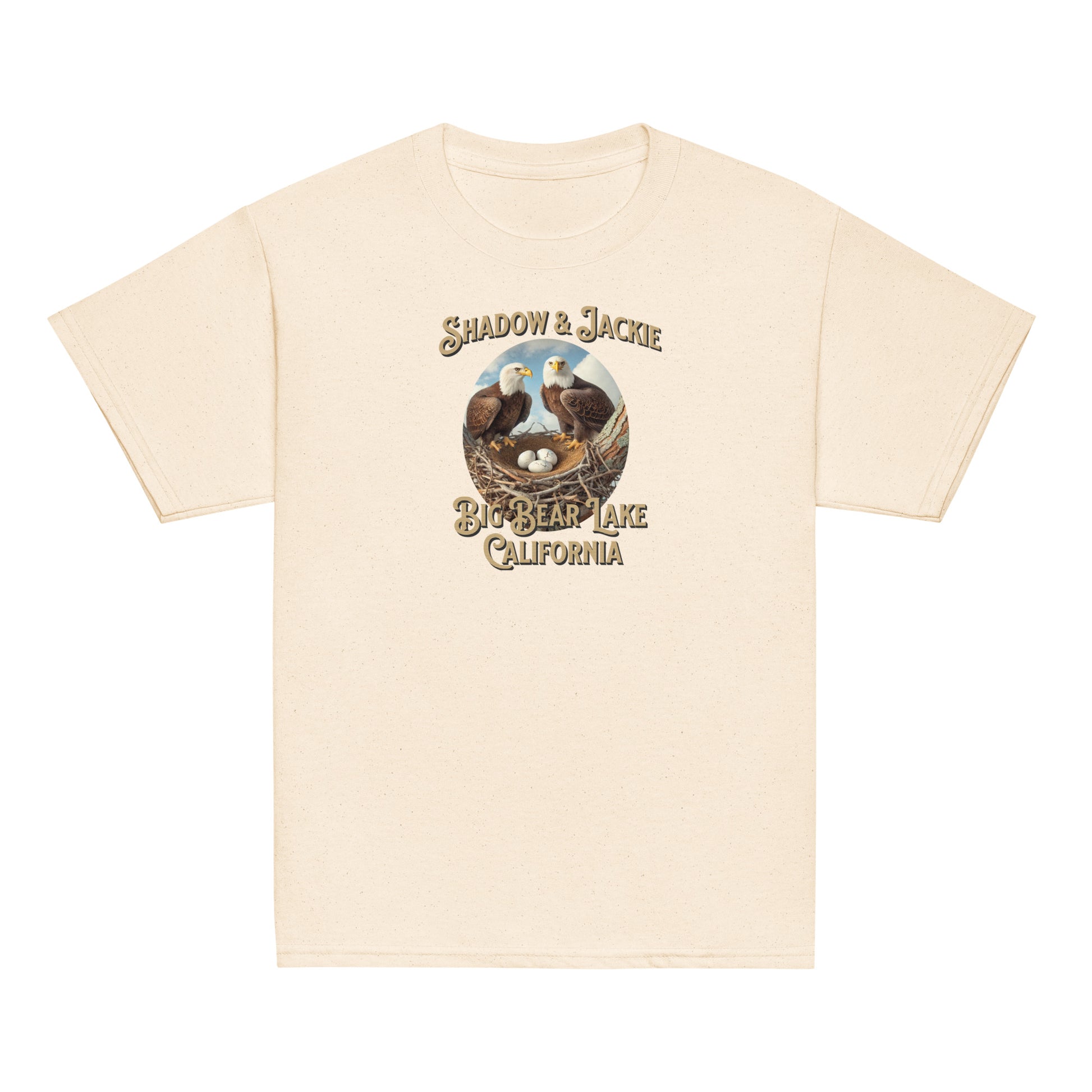 Youth t-shirt featuring Jackie and Shadow standing over their nest in Big Bear Valley, designed for young eagle fans and nature lovers.