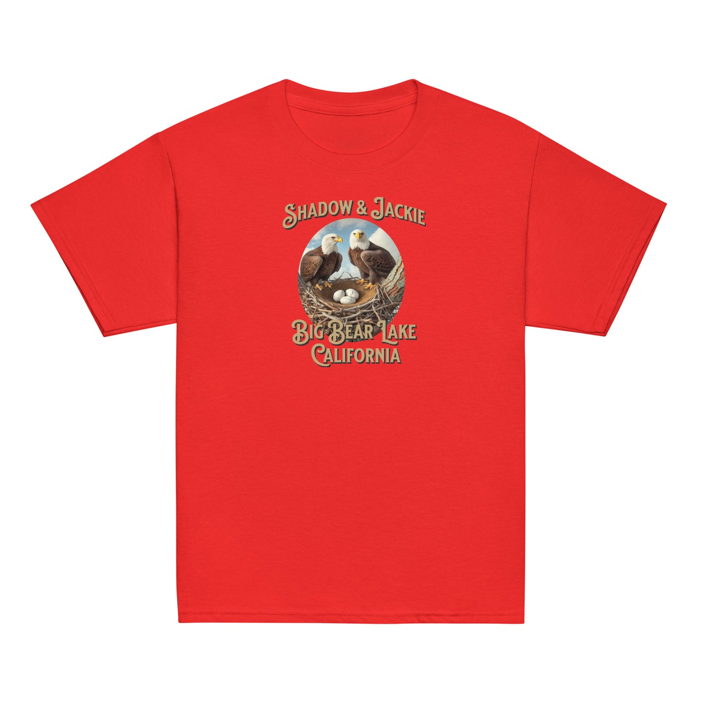 Youth t-shirt featuring Jackie and Shadow standing over their nest in Big Bear Valley, designed for young eagle fans and nature lovers.