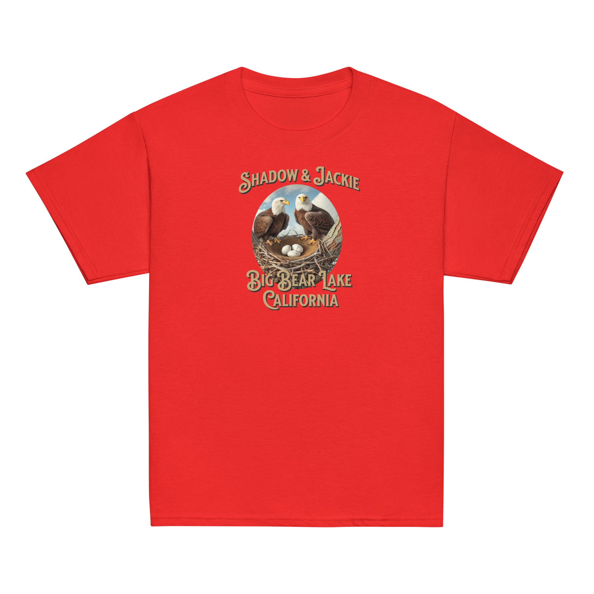 Youth t-shirt featuring Jackie and Shadow standing over their nest in Big Bear Valley, designed for young eagle fans and nature lovers.