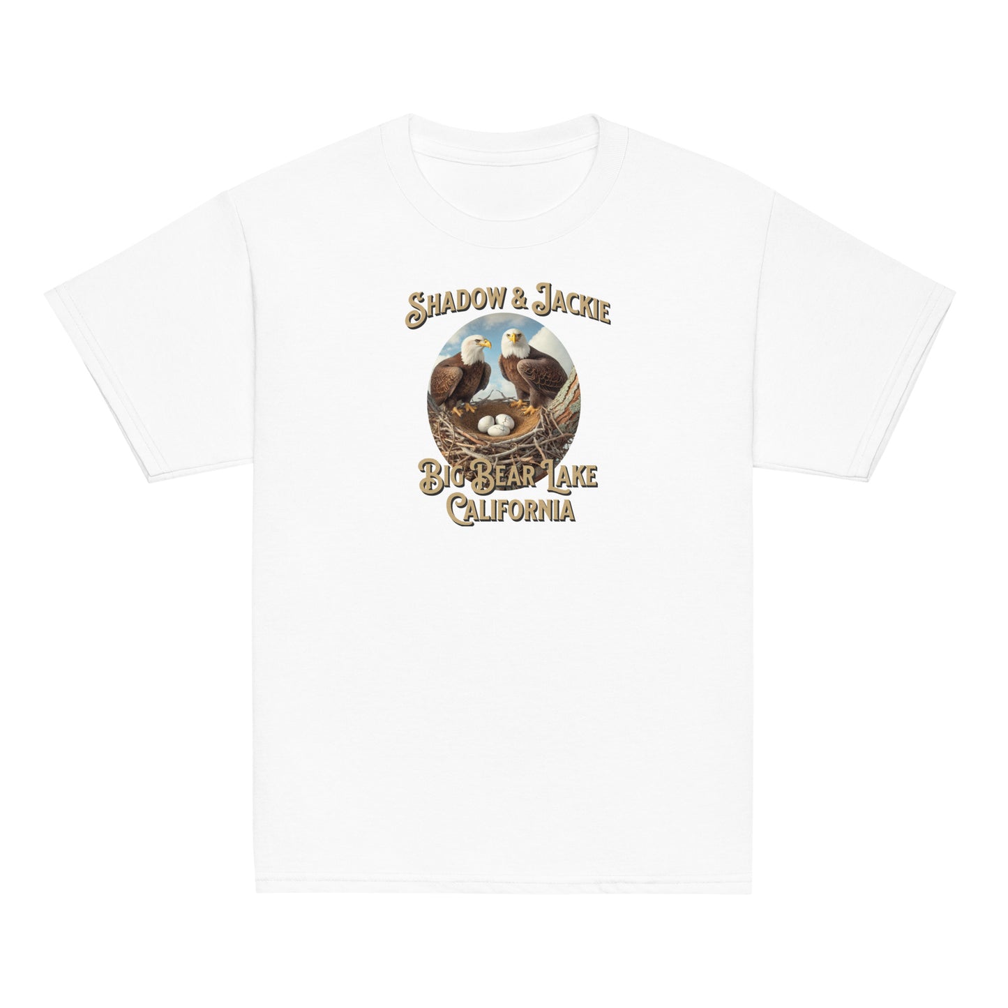 Youth t-shirt featuring Jackie and Shadow standing over their nest in Big Bear Valley, designed for young eagle fans and nature lovers.