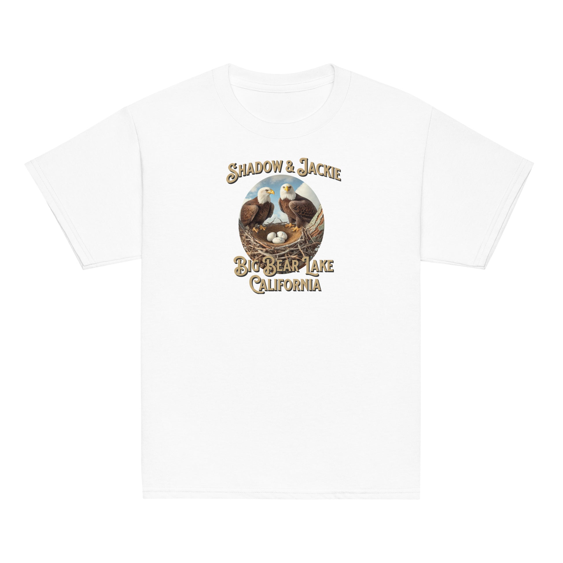 Youth t-shirt featuring Jackie and Shadow standing over their nest in Big Bear Valley, designed for young eagle fans and nature lovers.