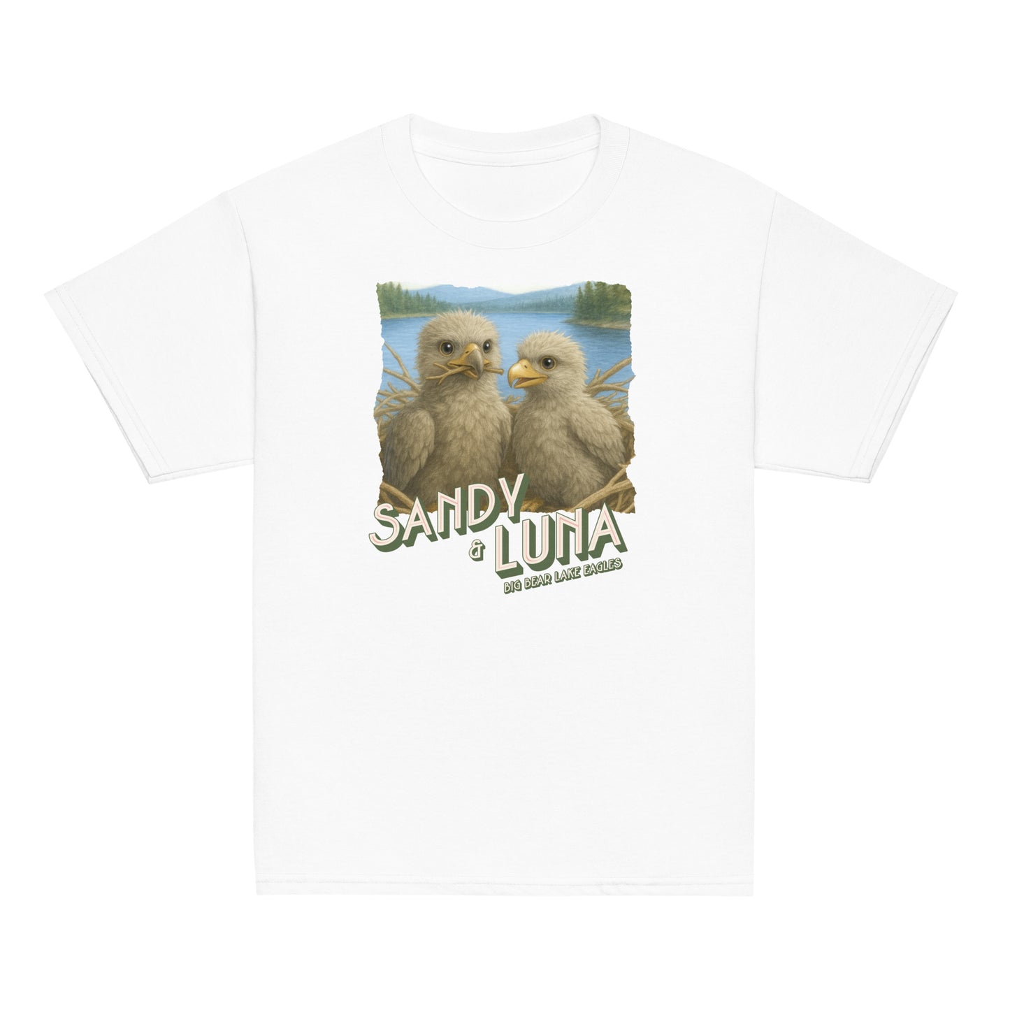 White t-shirt with a graphic of two birds and text on a white background