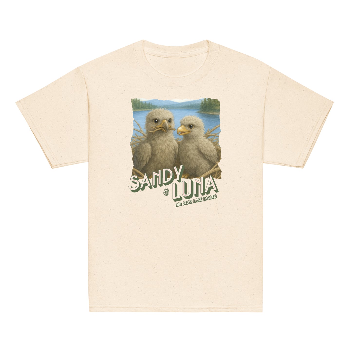 Beige t-shirt with a graphic of two birds and text on a white background