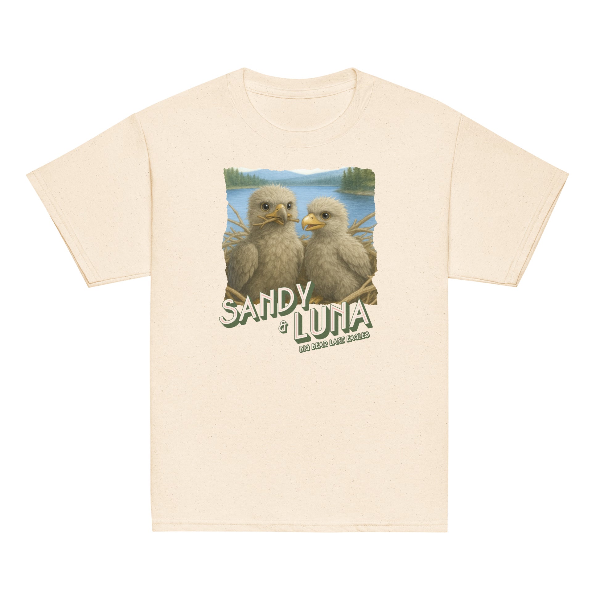 Beige t-shirt with a graphic of two birds and text on a white background