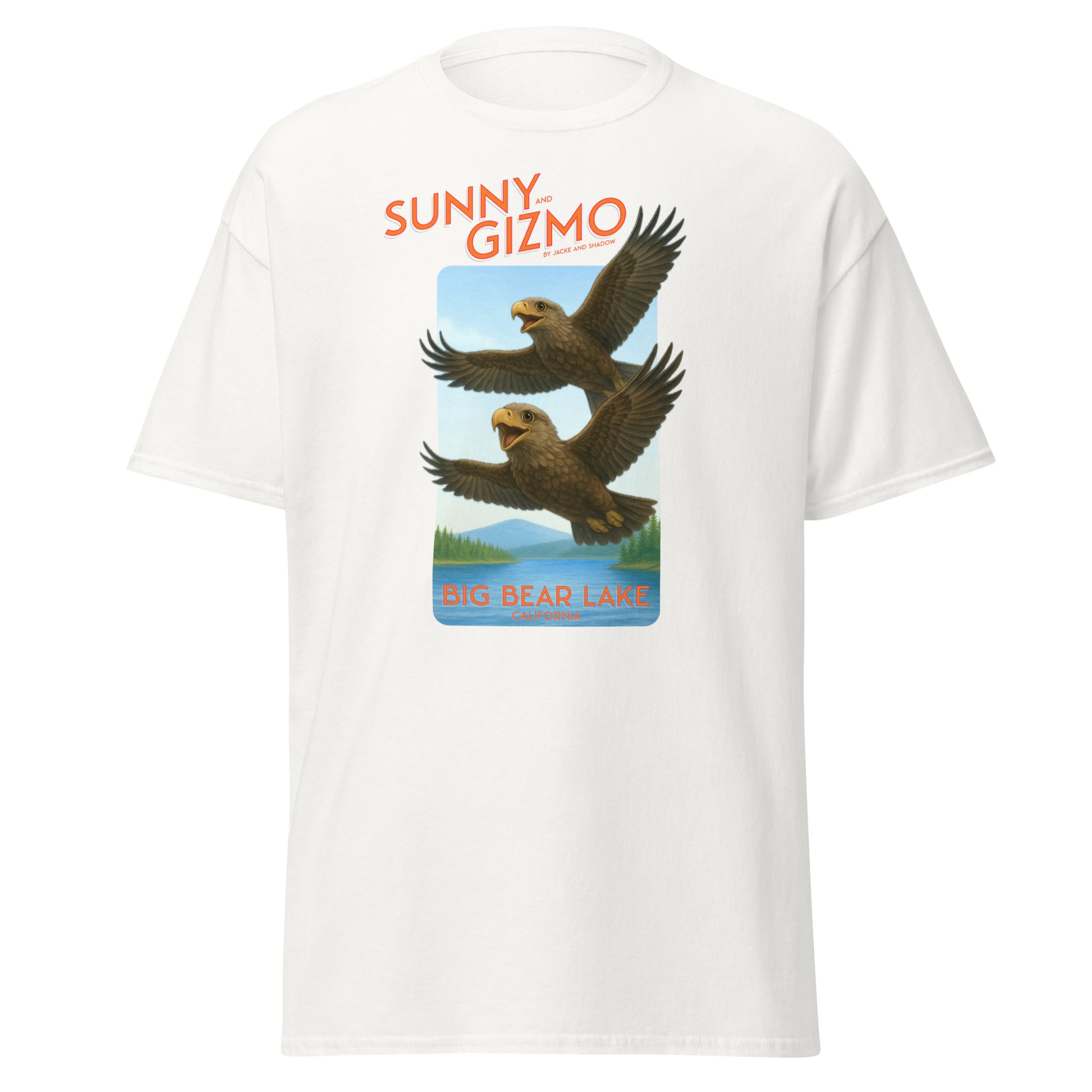 Cotton t shirt featuring a graphic of Sunny and Gizmo, two baby eagles from Big Bear Valley, soaring through the sky on their first flight. Perfect for birdwatchers and fans of the Big Bear eagle cam.