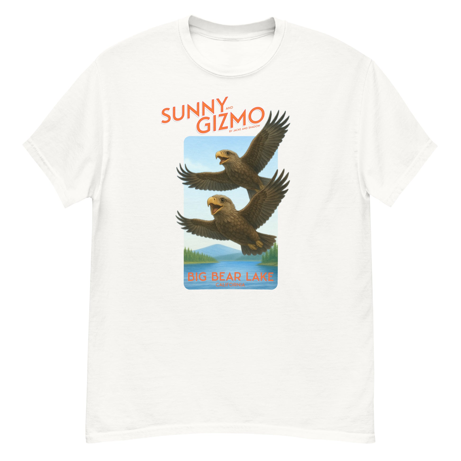 Cotton t shirt featuring a graphic of Sunny and Gizmo, two baby eagles from Big Bear Valley, soaring through the sky on their first flight. Perfect for birdwatchers and fans of the Big Bear eagle cam.